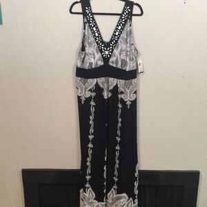 Style & Co NWT Beaded Detail Neckline Black & White Boho Print Maxi Dress 2X